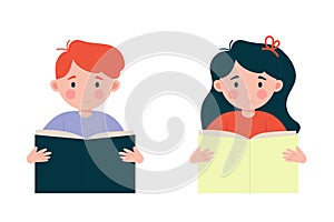 Children boy and girl reading a book. Vector illustration