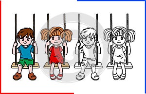 Children, a boy and a girl, riding on swings.