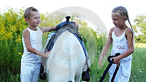 Children, a boy and a girl of seven years, stroking a white pony. Cheerful, happy family vacation. Outdoors, in the