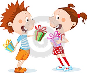 Children - Boy and Girl Unwrap Gifts isolated - vector illustration