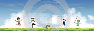 Children boy and girl wearing medical face mask and keep social distance playing green fields in sunny day, Banner for Back to