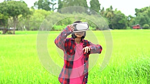 Children boy holding laptop and kids girl wearing virtual reality glasses