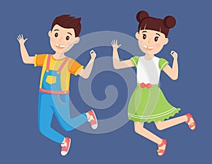 Children a boy in a jumpsuit and a girl in a dress jump with a fallen tooth in their hand. Cute cartoon characters are happy and