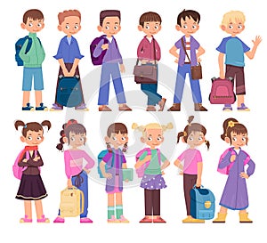 Children - boys and girls, with different bags and backpacks cartoon style