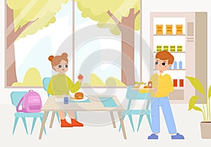 Children on breakfast or lunch on school or kindergarten canteen. Kids cafe, little students eating together. Friendship photo