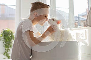 Children brother and sister wash and brush their teeth in the bathroom