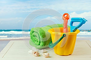 Children bucket and spade for relaxing day on the beach