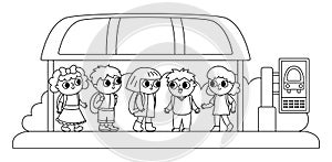 Children on a busstop waiting for the school bus. Black and white vector bus stop icon. Cartoon public transport station. City or