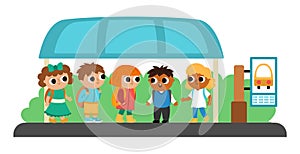 Children on a busstop waiting for the school bus. Vector bus stop icon. Cartoon public transport station. City or countryside