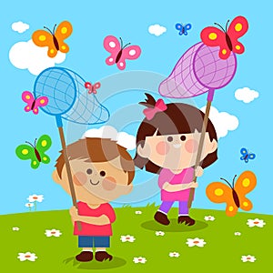 Children with butterfly nets catching butterflies. Vector illustration