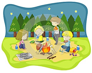 Children campfire in the wilderness at night