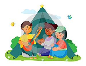 Children camping - colorful flat design style illustration