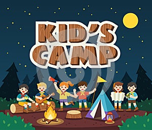 Children camping out in the park. Camping kids concept. Summer camp education advertising.