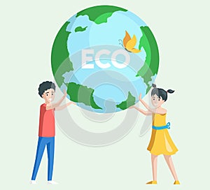 Children care about environment. Group of people or ecologists take care of Earth and save planet
