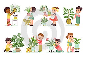 Children care of home plants. Happy people growing houseplants. Kids with domestic potted flowers. Girl watering cactus