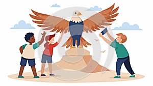 Children carefully molded sand into a soaring bald eagle its wings outstretched in a display of strength and patriotism photo