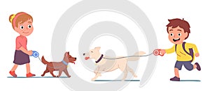 Children cartoon character walking dog pet friend