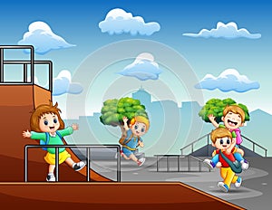Children cartoon playing in the skatepark