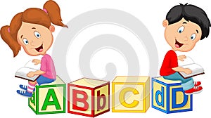 Children cartoon reading book and sitting on alphabet blocks