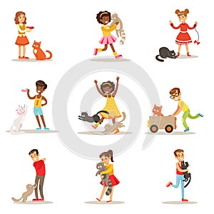 Children And Cats Illustrations Set With Kids Playing And Taking Care Of Pet Animals