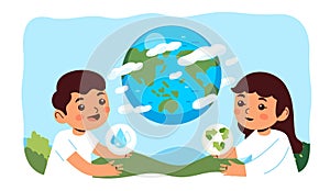 Children celebrate Earth Day. boy, girl kids love for world planet globe. Environment protection, ecology conservation concept