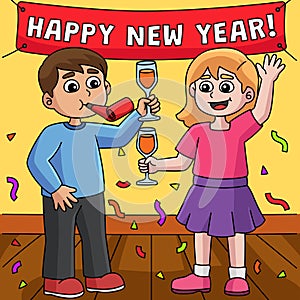 Children Celebrating New Year Colored Cartoon