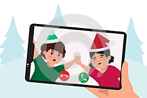 Children in cellphone wearing Santa Claus caps and waving. Christmas, winter holidays illustration with a hand holding a