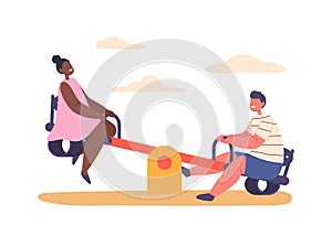 Children Characters Joyfully Playing On Teeterboard Swings, Giggling And Soaring Through The Air, Vector Illustration