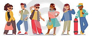 Children Characters Strike Fashionable Poses In Stylish Attire, Exuding Confidence And Charm Cartoon Vector Illustration
