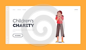 Children Charity Landing Page Template. Unhappy Little Girl Crying with Tears Pouring Down. Kid Sad Character Emotions