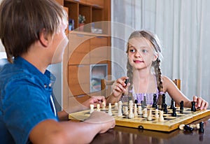 Children at chess board indoors