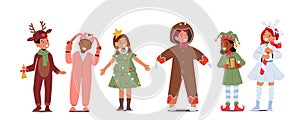 Children in Christmas Costumes, Girls and Boys Performing on School or Kindergarten Matinee. Elf, Snowflake, Rabbit