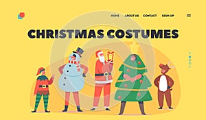 Children in Christmas Costumes Landing Page Template. Kids Performing on School or Kindergarten Matinee. Elf, Snowman