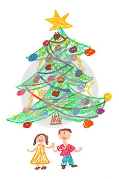 Children and Christmas tree - drawing