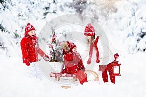 Children with Christmas tree. Snow winter fun for kids.