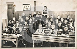 Children classmates teacher classroom Vintage photo