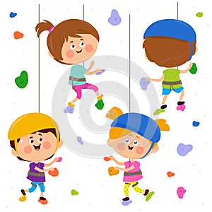 Children climbing bouldering rock wall at the sports training gym. Kids climbers with helmets and ropes. Vector illustration photo