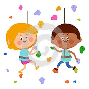 Children climbing bouldering rock wall at the sports training gym. Kids climbers climbing rock wall. Vector illustration photo