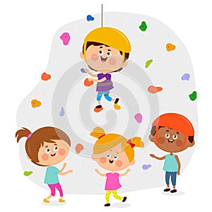 Children climbing bouldering rock wall at the sports training gym. Kids climbers climbing rock wall. Vector illustration photo