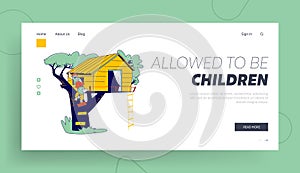 Children Climbing on Tree House Landing Page Template. Characters Playing on Child Playground, Treehouse