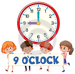 Children and clock 9 o`clock