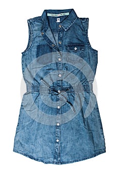 Children clothes. Sleeveless blue jeans dress for child girl iso