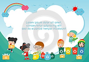 Children collect rubbish for recycling, Kids Segregating Trash, Save the World ,Template for advertising brochure, your text