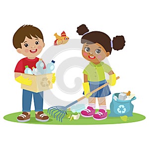 Children Collect Rubbish For Recycling Vector Illustration. Eco Education Vector.