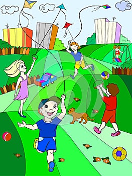 Children color game kite flying raster happy