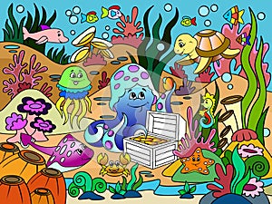 Children color, underwater world. Marine nature, animals and fish. Raster illustration.