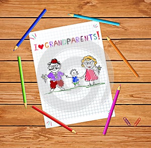 Children colorful hand drawn vector greeting card with grandpa, grandma and grandson together.