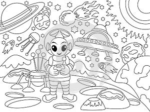 Children coloring book, alien on mars. Space world. Animals cartoon. Coloring page outline of cartoon. Raster