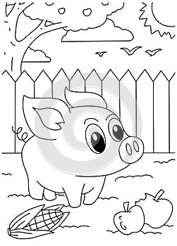 Children coloring book page cute pig in nature garden home