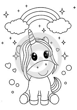 Children coloring book page cute unicorn cloud hand draw illustration